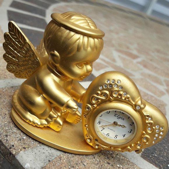 Cherub Clock Golden Mini Clock Cupid Angel by Elgin - Picture 6 of 10